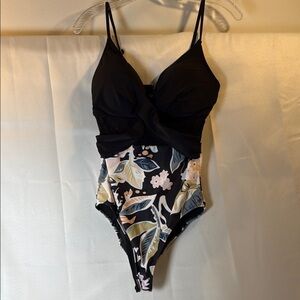 Black One Piece Swimsuit with Plunging V-neckline and Tropical Print